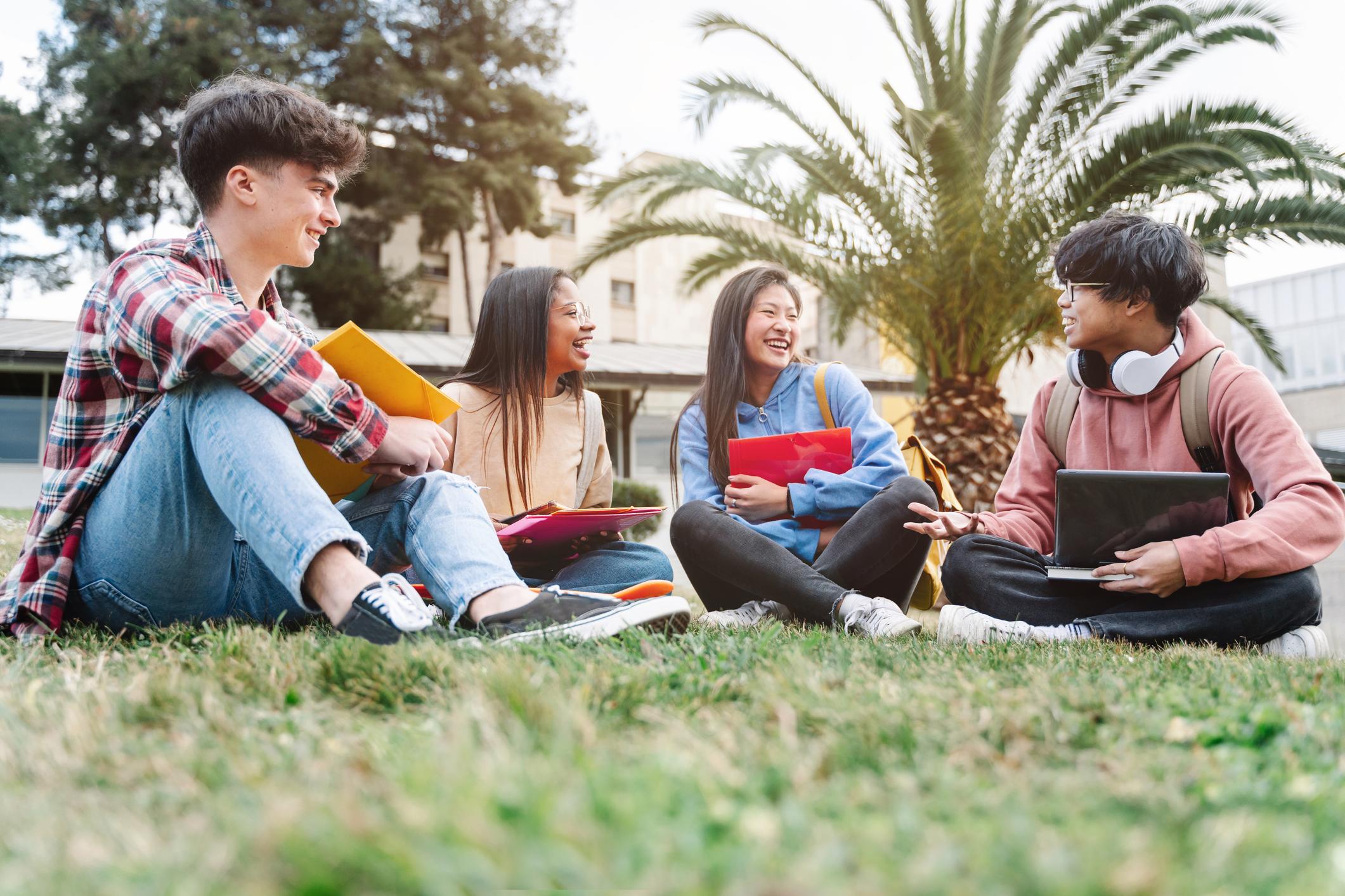 international students sitting on grass talking